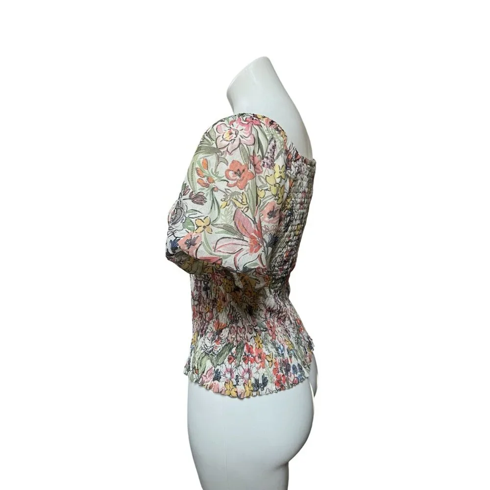 By Anthropologie Aurelia Floral Smocked Mesh Net Top Small Puff Sleeve